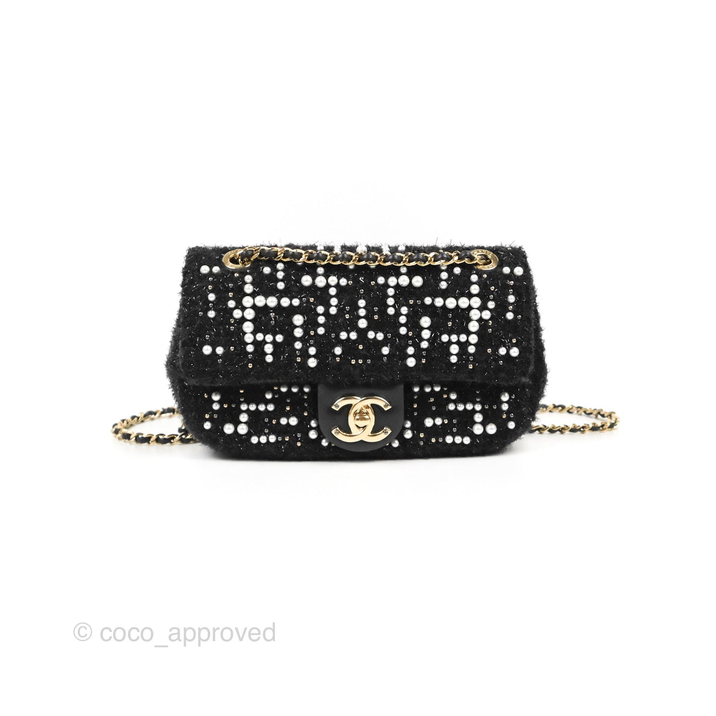 Chanel Black Faux Pearl Embellished Tweed Mini Cosmos Flap Bag