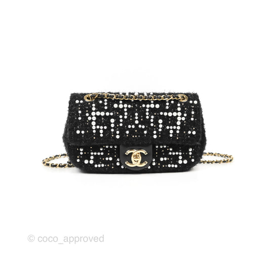 Chanel Black Faux Pearl Embellished Tweed Mini Cosmos Flap Bag