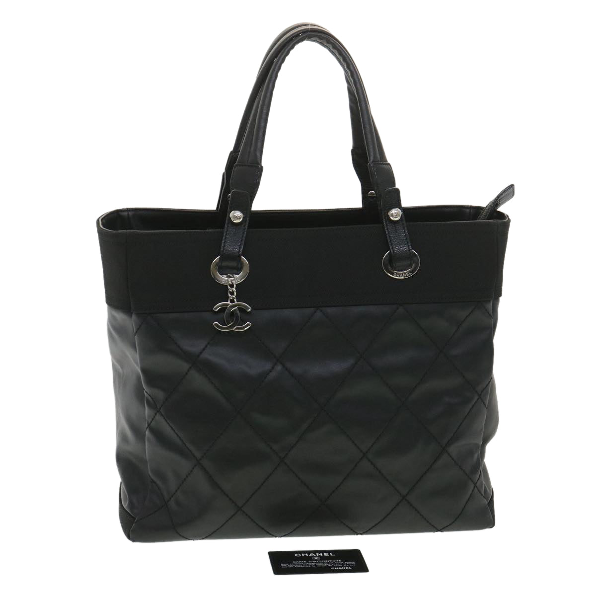 Luxury Chanel Paris Biarritz MM Tote Bag Coated Canvas Black CC  37855