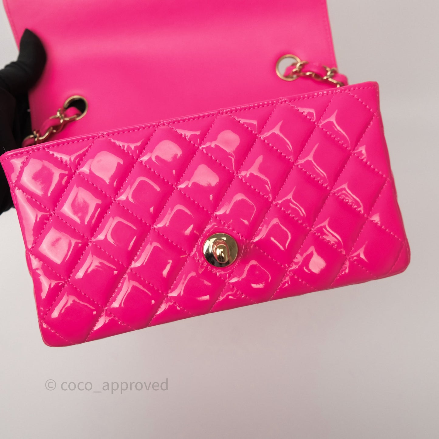 Chanel Quilted Mini Rectangular Flap Neo Pink Patent Gold Hardware