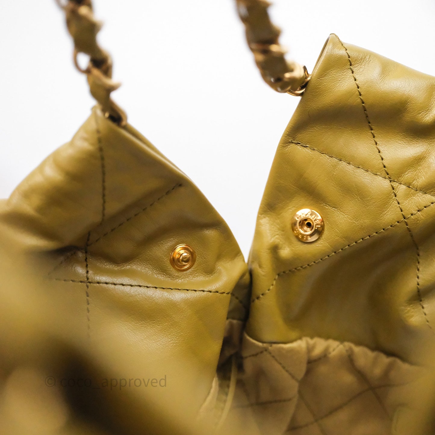 Chanel 22 Bag Medium Crumpled Olive Green Calfskin Aged Gold Hardware