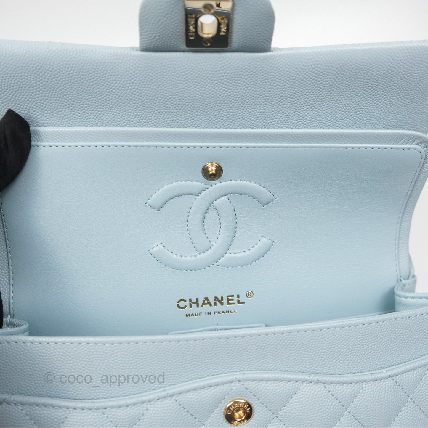 Chanel Small Classic Quilted Flap Light Blue Caviar Gold Hardware