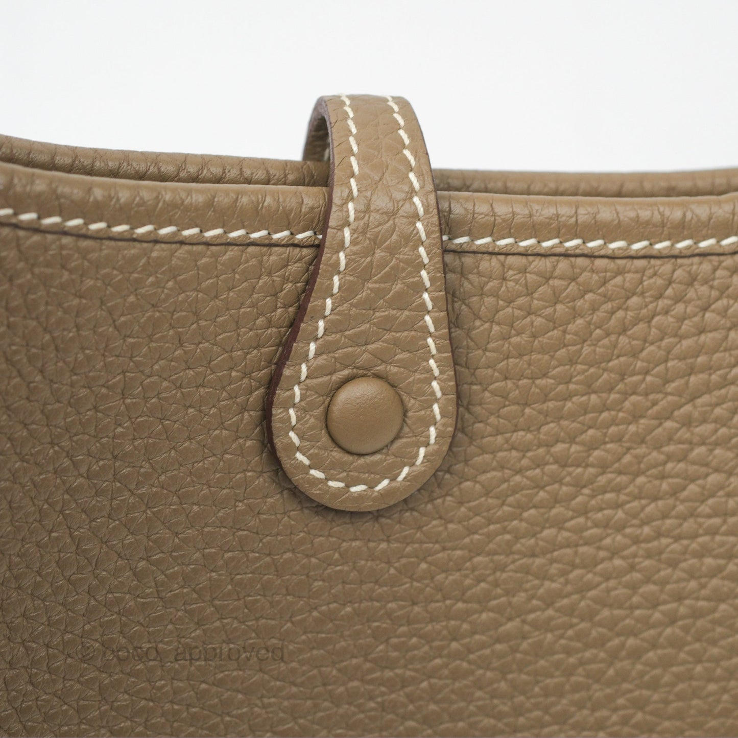 Hermès Mini Evelyne Etoupe Clemence Palladium Hardware with Bleu Indigo Strap