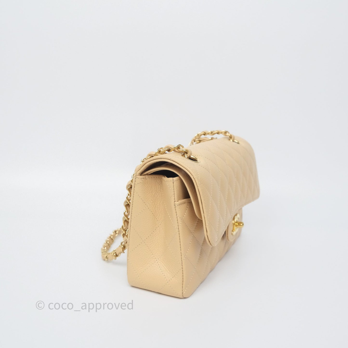 Chanel Small Classic Flap Quilted Beige Caviar Gold Hardware