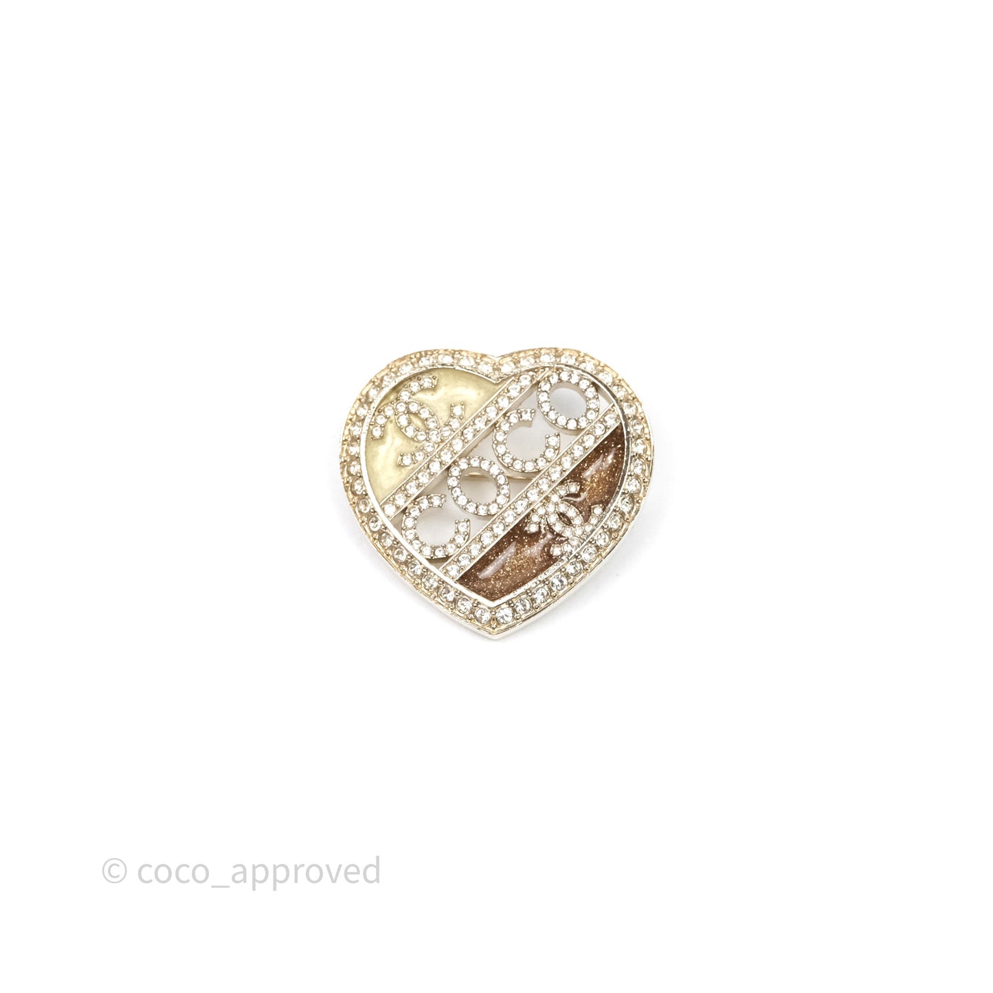 Chanel Coco Logo Crystals Heart Brooch Gold Tone 23B