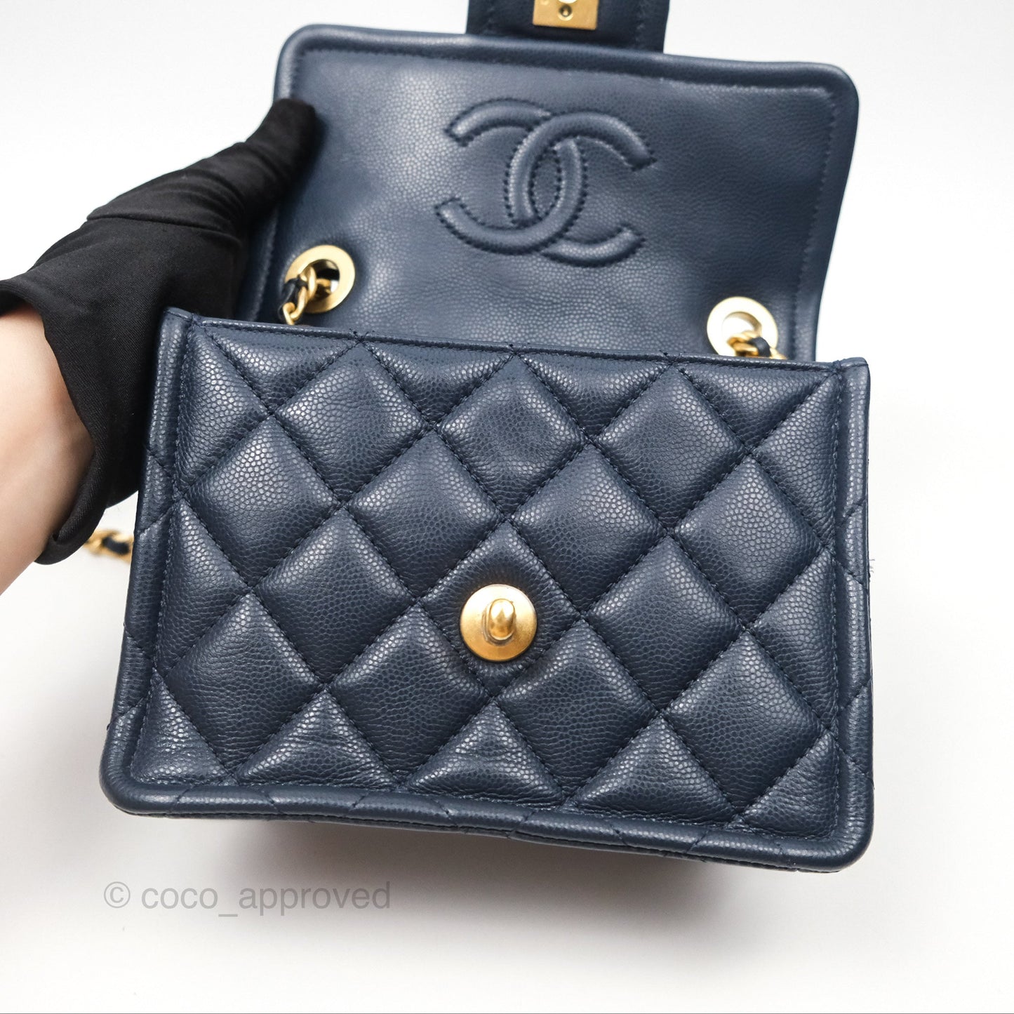 Chanel Mini Square Sweet Quilted Flap Navy Caviar Aged Gold Hardware 21P
