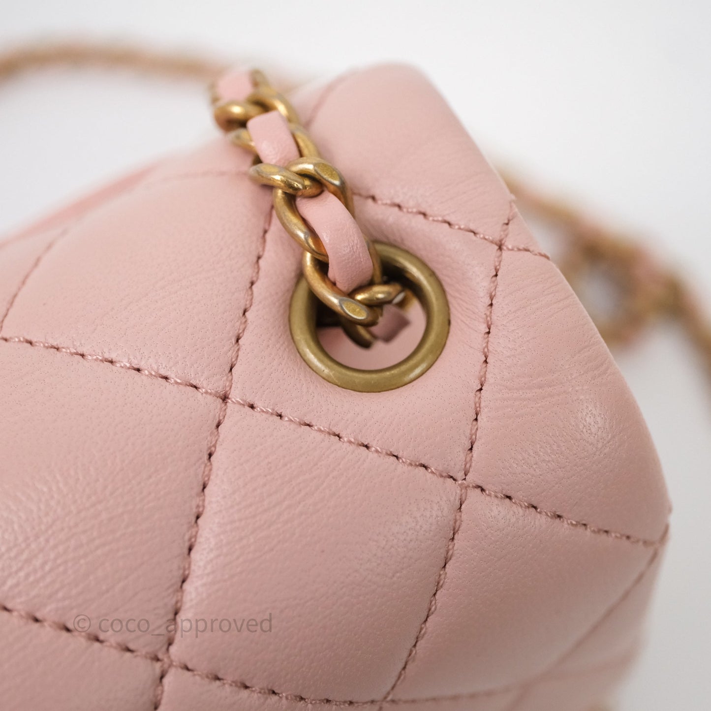 Chanel Pearl Crush Mini Square Quilted Pink Lambskin Aged Gold Hardware