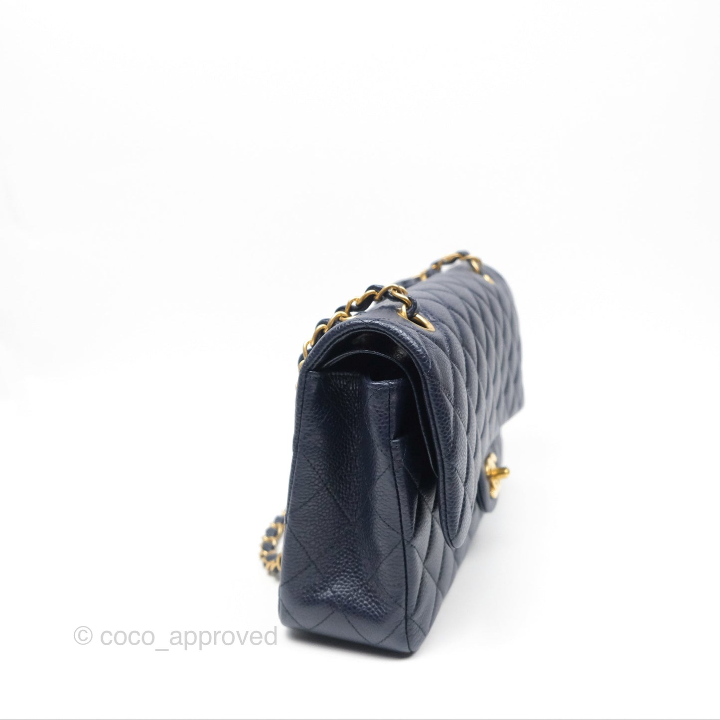 Chanel Classic M/L Medium Flap Quilted French Navy Caviar Aged Gold Hardware
