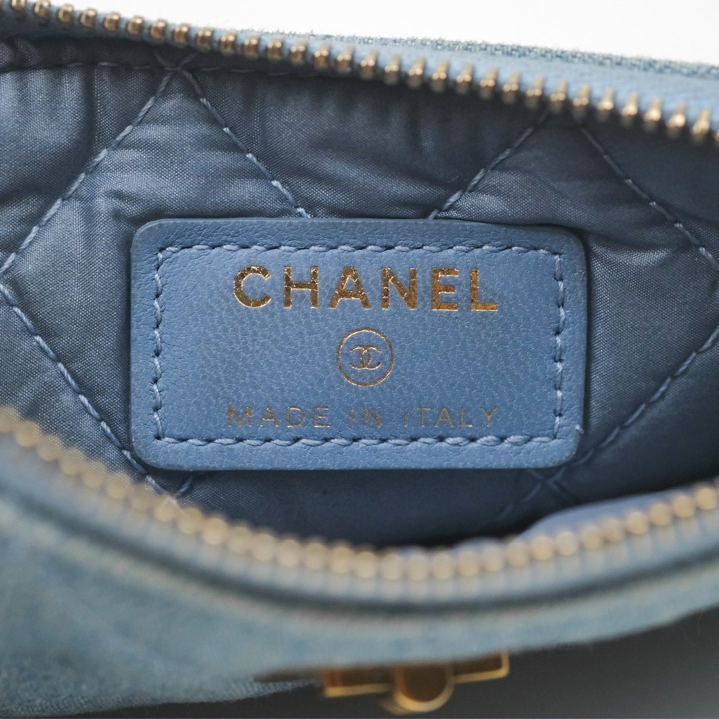 Chanel Mini Reissue O Case Quilted Light Blue Denim Aged Gold Hardware