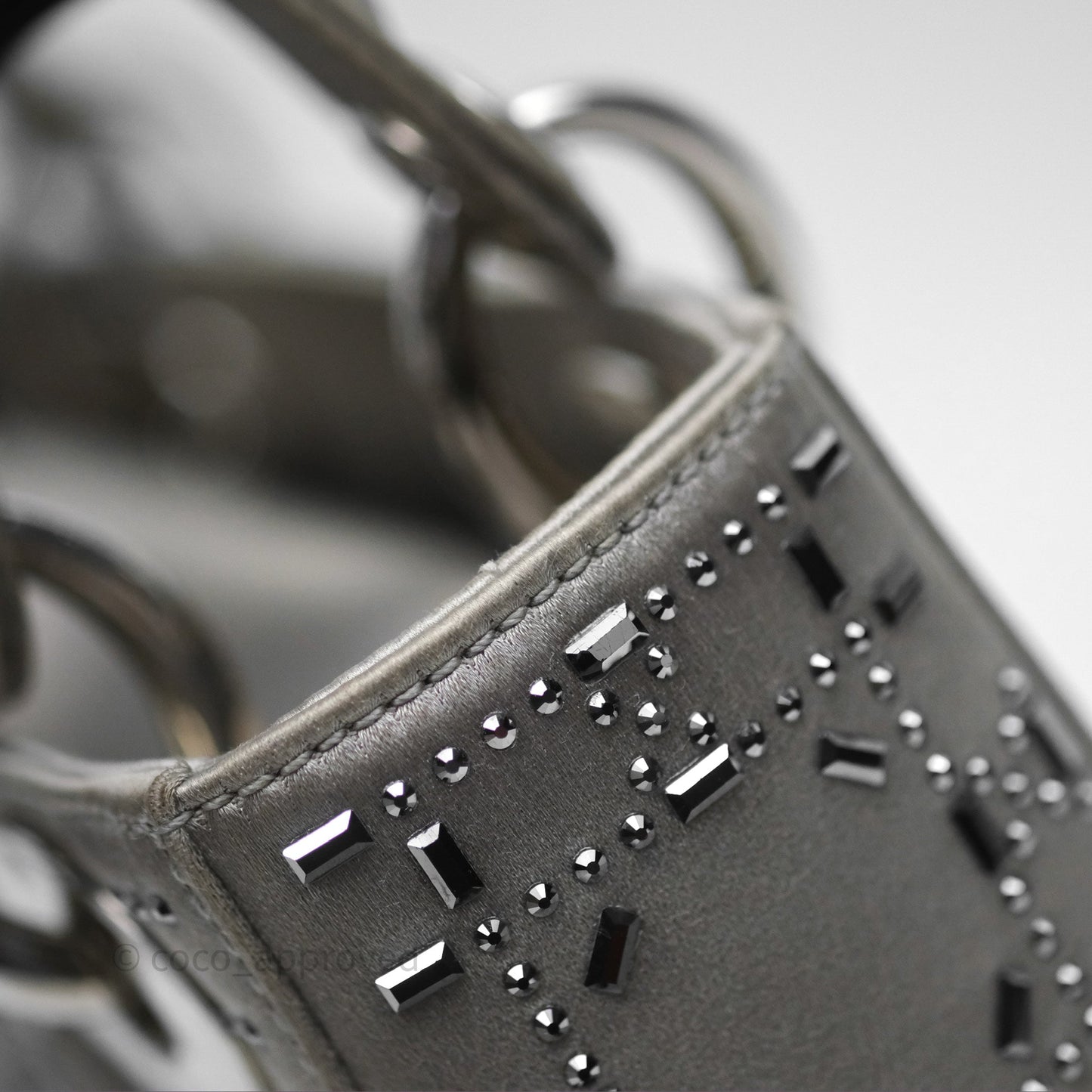 Christian Dior Mini Lady Dior Bag Grey Strass Cannage Satin Silver Hardware
