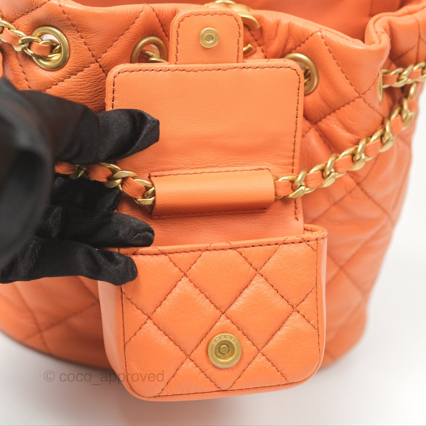 Chanel Small Drawstring Backpack Orange Calfskin Aged Gold Hardware 23A