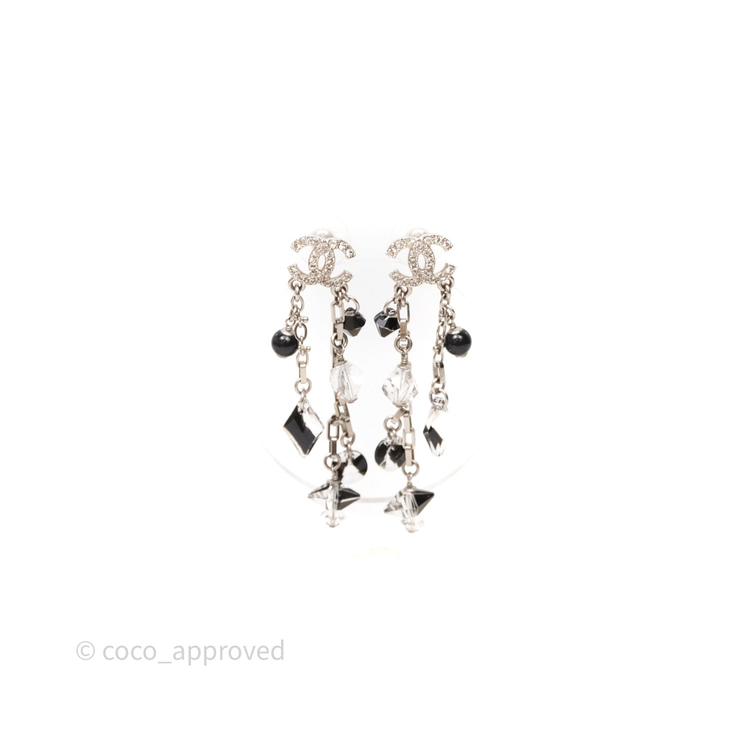 Chanel CC Black Resin Crystals Drop Earrings Silver Tone 19B