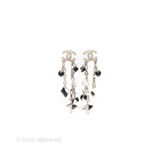 Chanel CC Black Resin Crystals Drop Earrings Silver Tone 19B