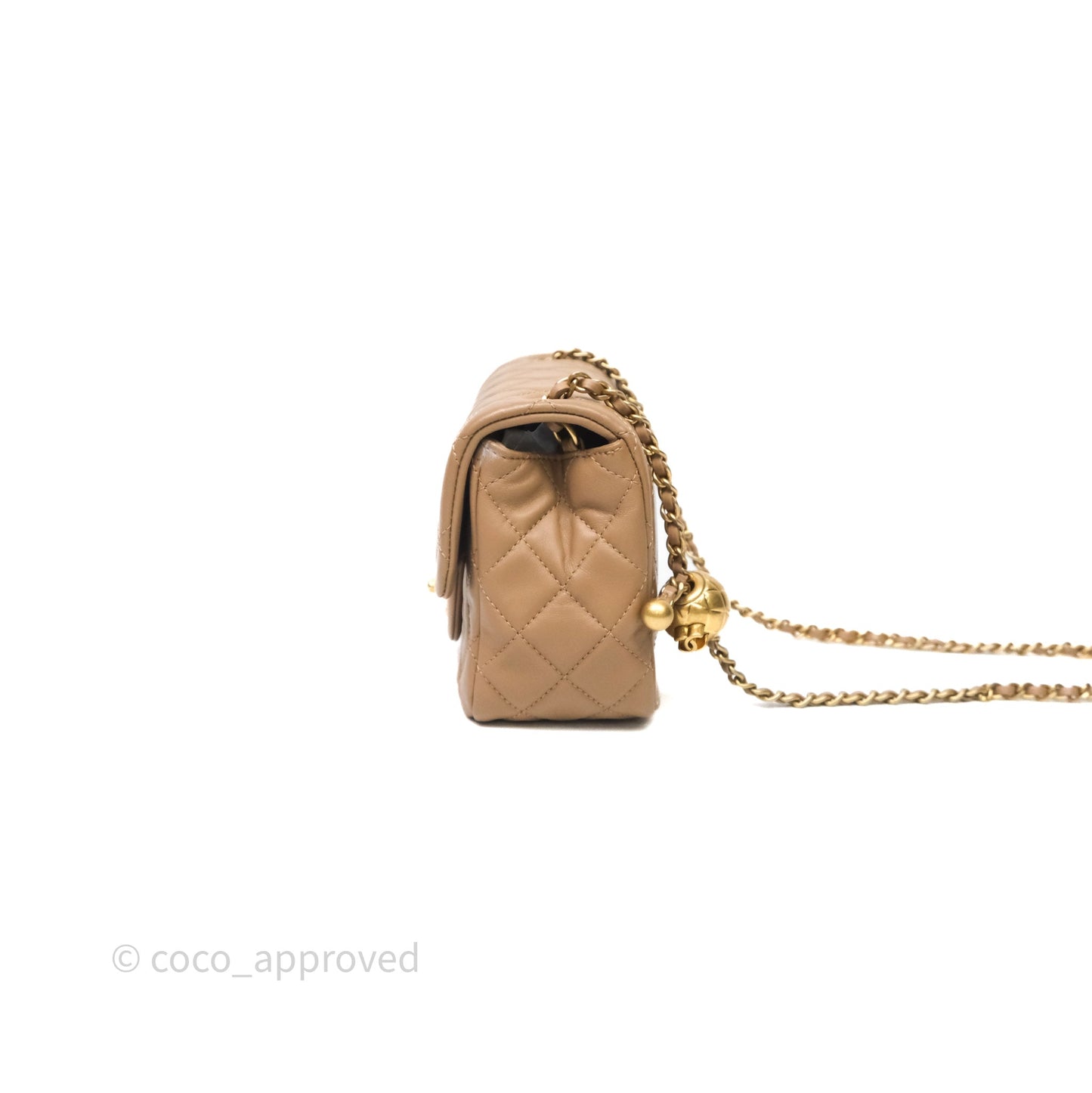 Chanel Pearl Crush Mini Square Quilted Beige Lambskin Aged Gold Hardware