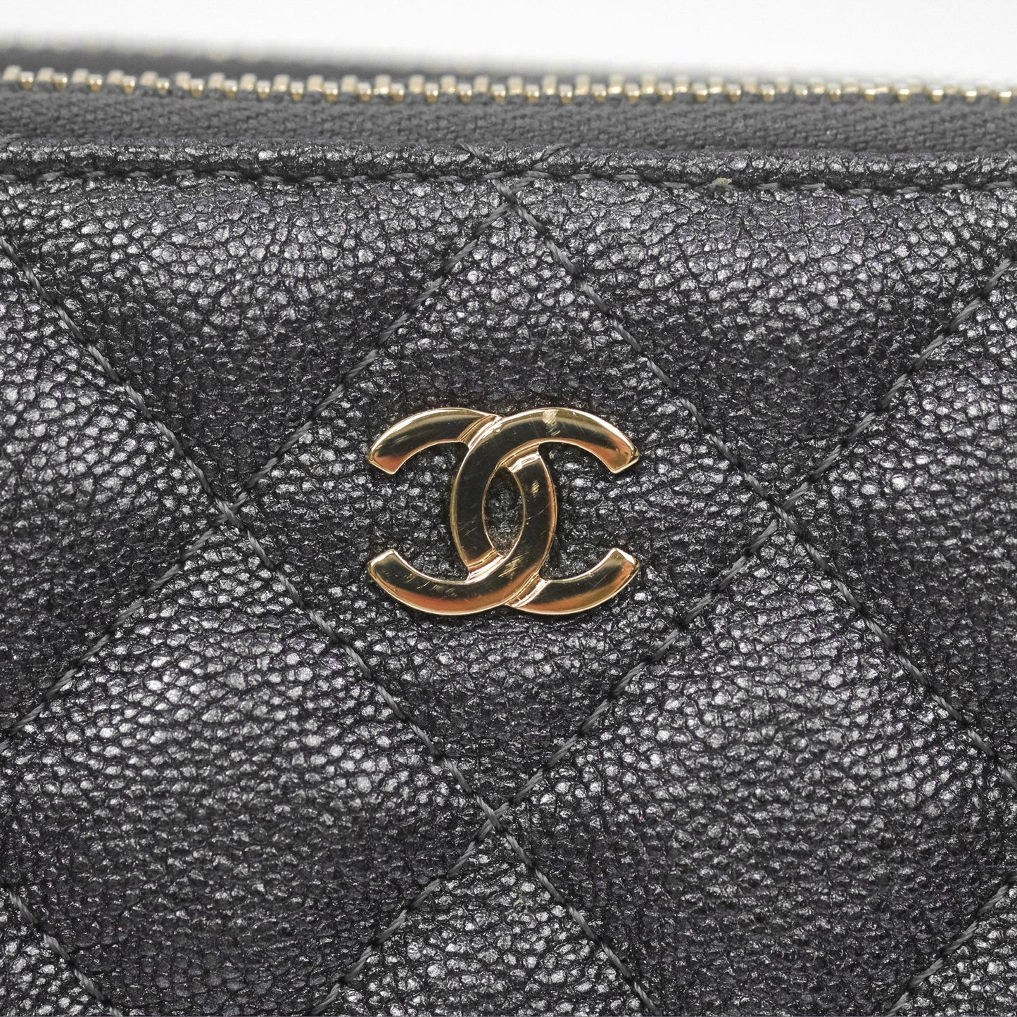 Chanel Quilted Zip Clutch With Chain Iridescent Dark Grey Caviar Gold Hardware