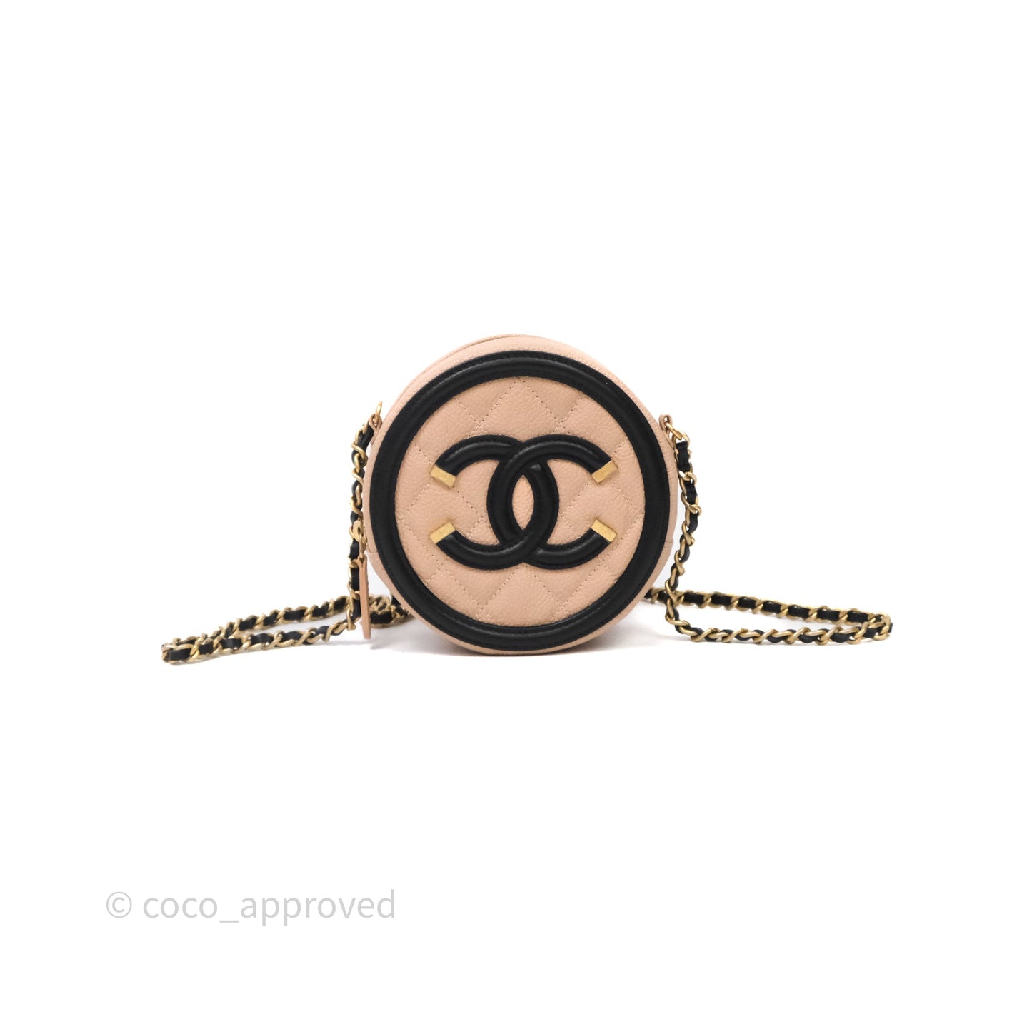 Chanel Quilted Round Filigree Clutch With Chain Beige/ Black Caviar Aged Gold Hardware