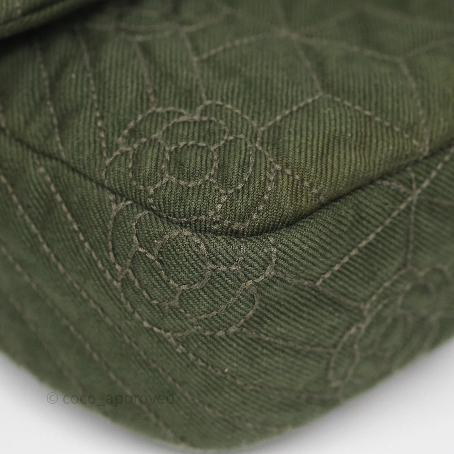 Chanel Camellia Flap Bag Army Green Denim Silver Hardware