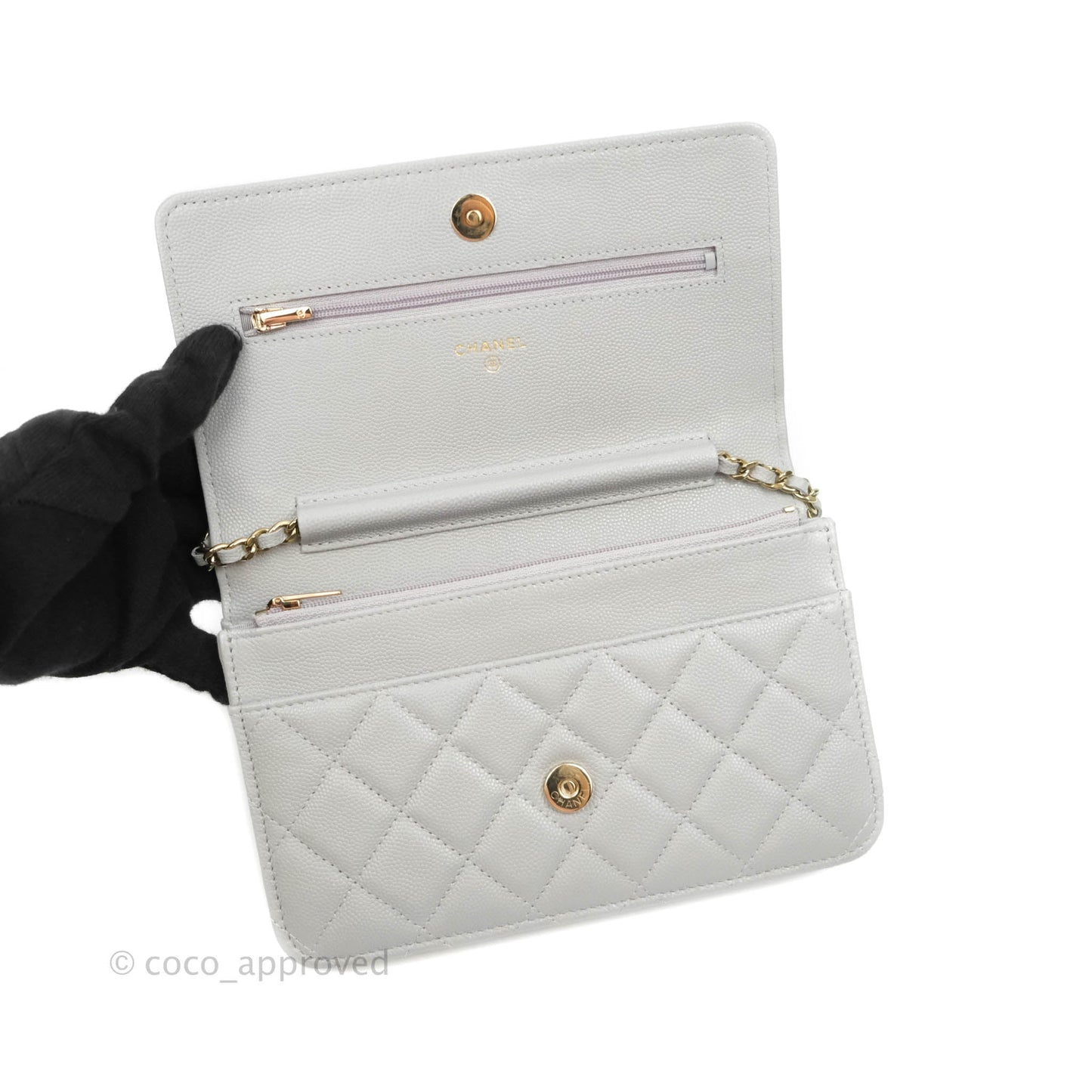 Chanel Classic Quilted Wallet on Chain WOC Grey Caviar Gold Hardware 21A
