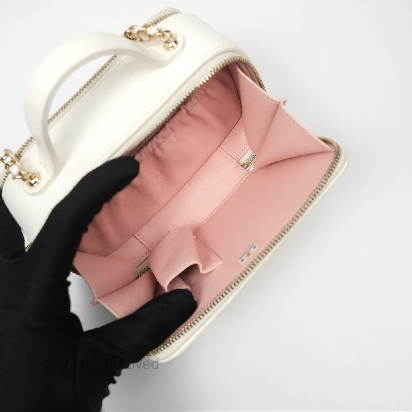 Chanel Top Handle Quilted Vanity Case White Shiny Lambskin Good Hardware