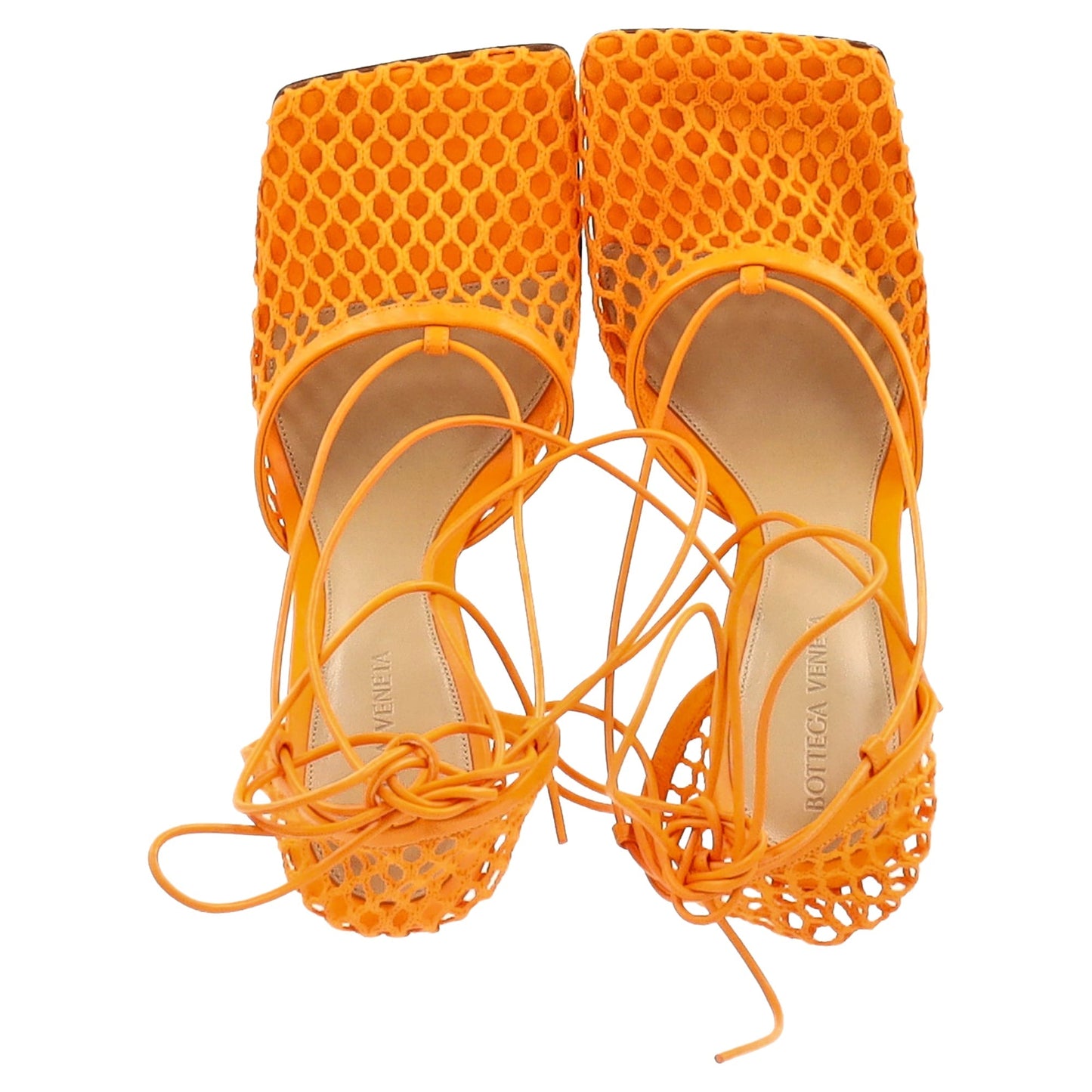 Luxury Bottega Veneta Stretch Lace Up Sandals in Orange Leather