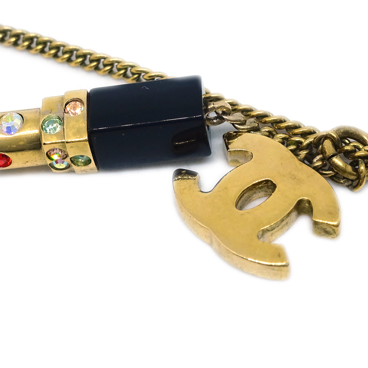 Chanel Lipstick Chain Pendant Necklace Rhinestone Gold 04A