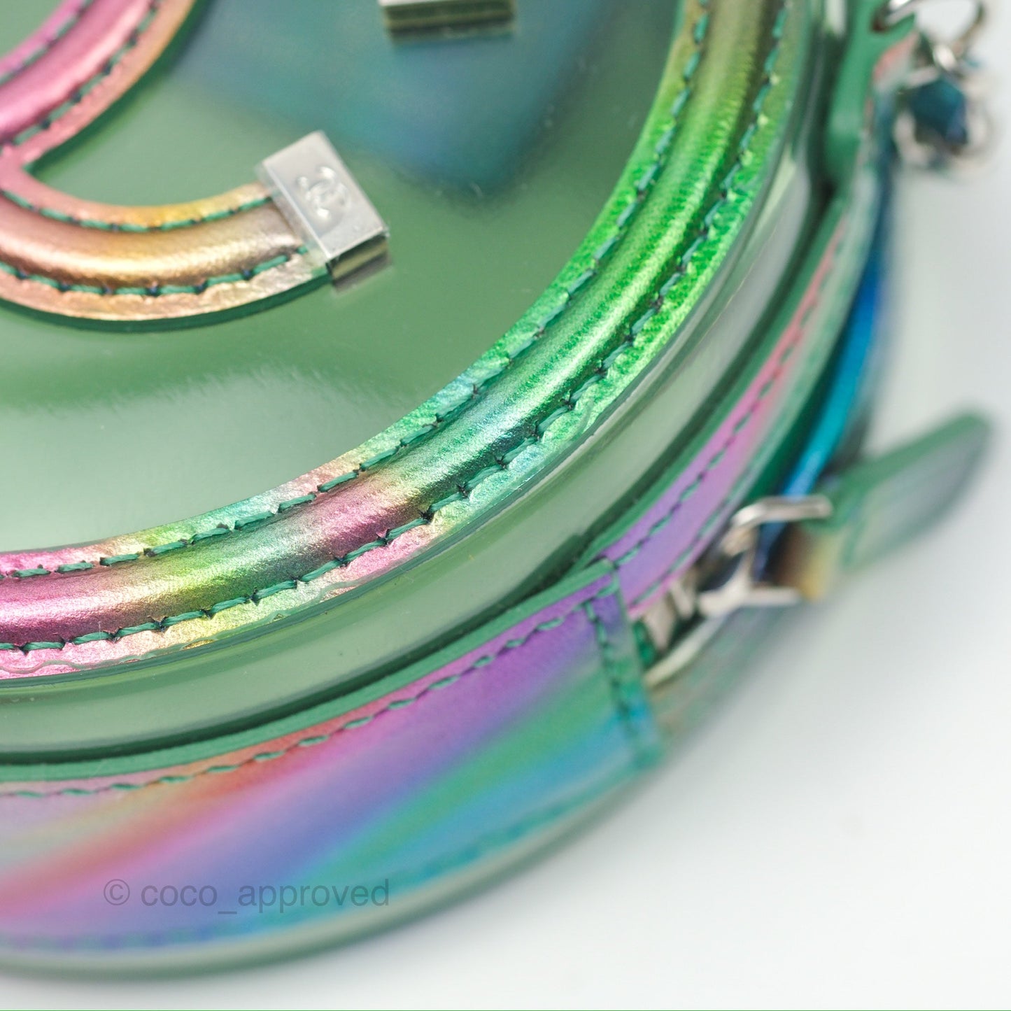Chanel Filigree Rainbow Green PVC Round Clutch With Chain Silver Hardware 20C