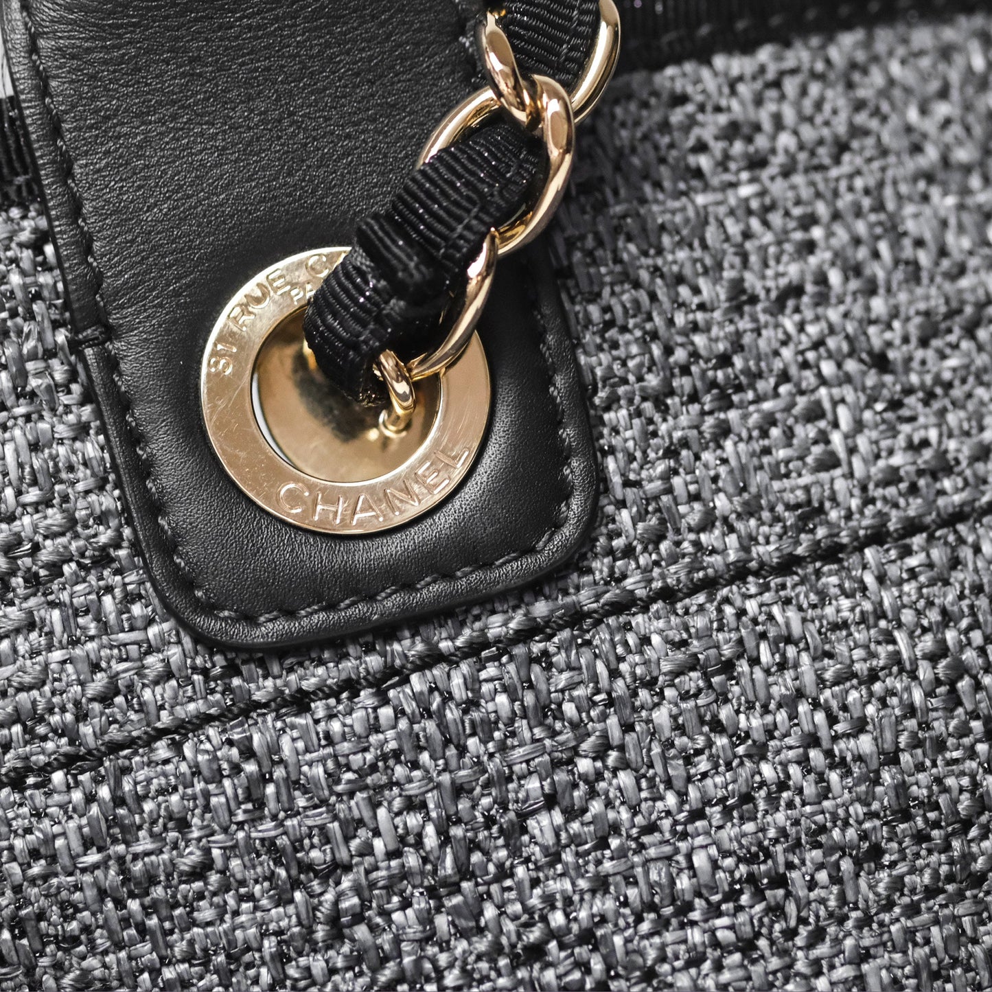 Chanel Large Deauville Glitter Black Grey Raffia Gold Hardware