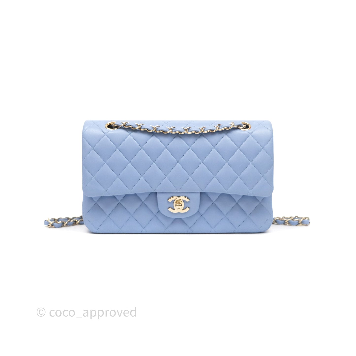 Chanel Classic M/L Medium Flap Quilted Sky Blue Lambskin Gold Hardware