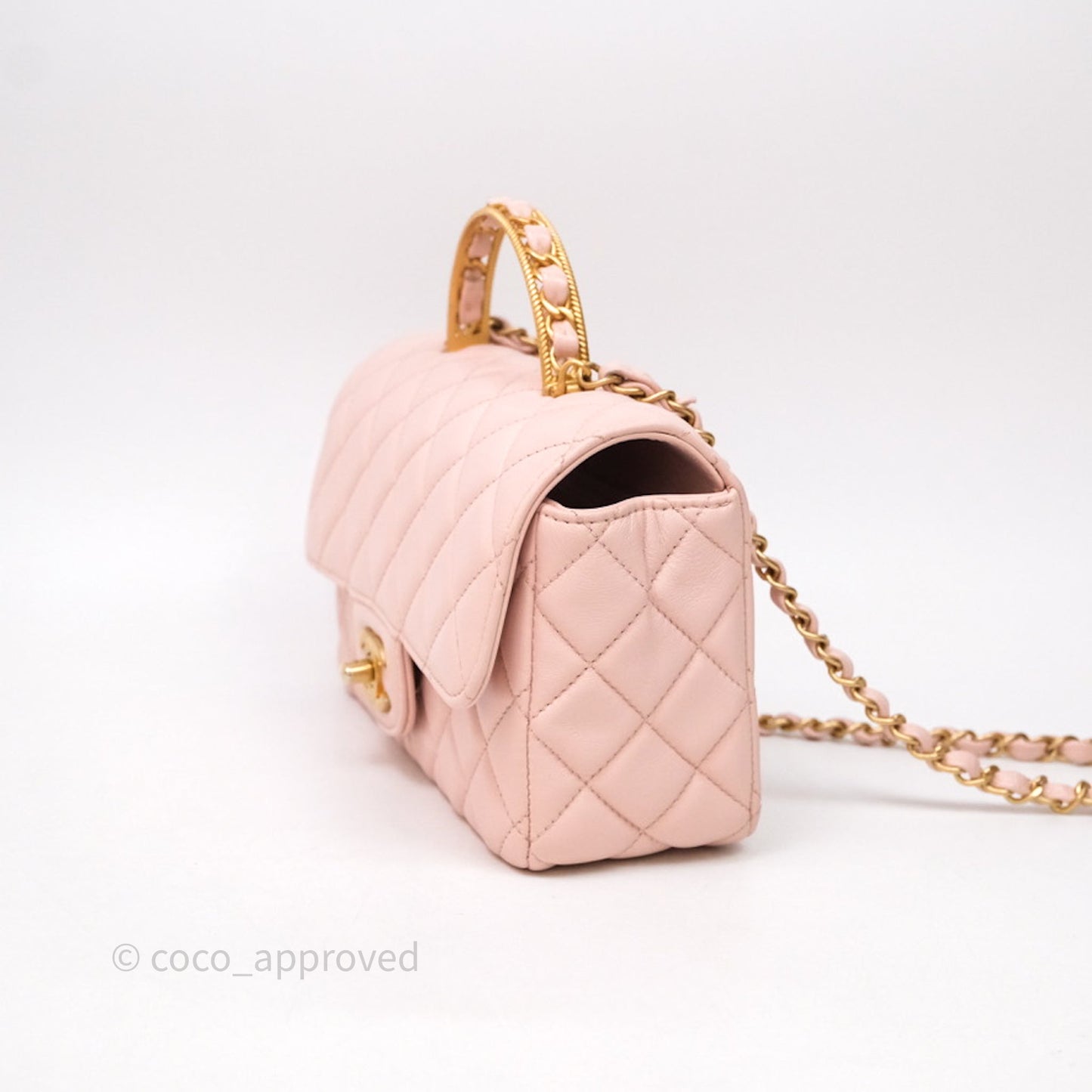 Chanel Top Handle Mini Rectangular Flap Bag Pink Lambskin Aged Gold Hardware