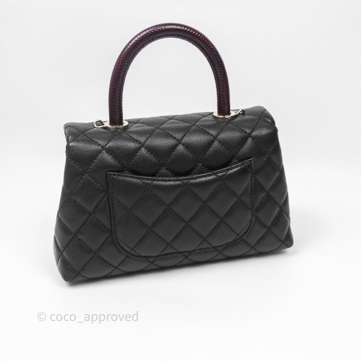 Chanel Small Coco Handle Quilted Black Caviar Aged Gold Hardware Lizard Handle