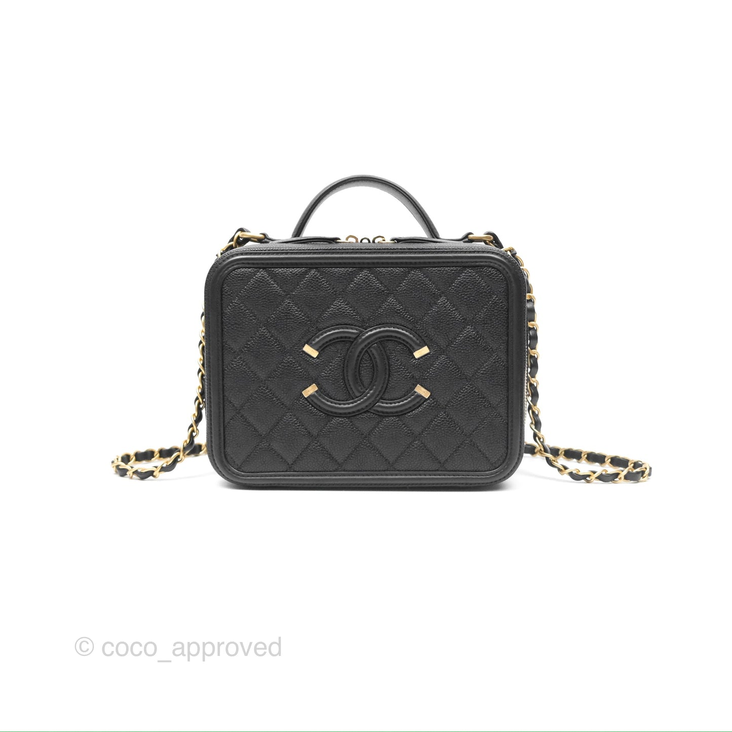 Chanel Quilted Medium CC Filigree Vanity Case Black Caviar Aged Gold Hardware