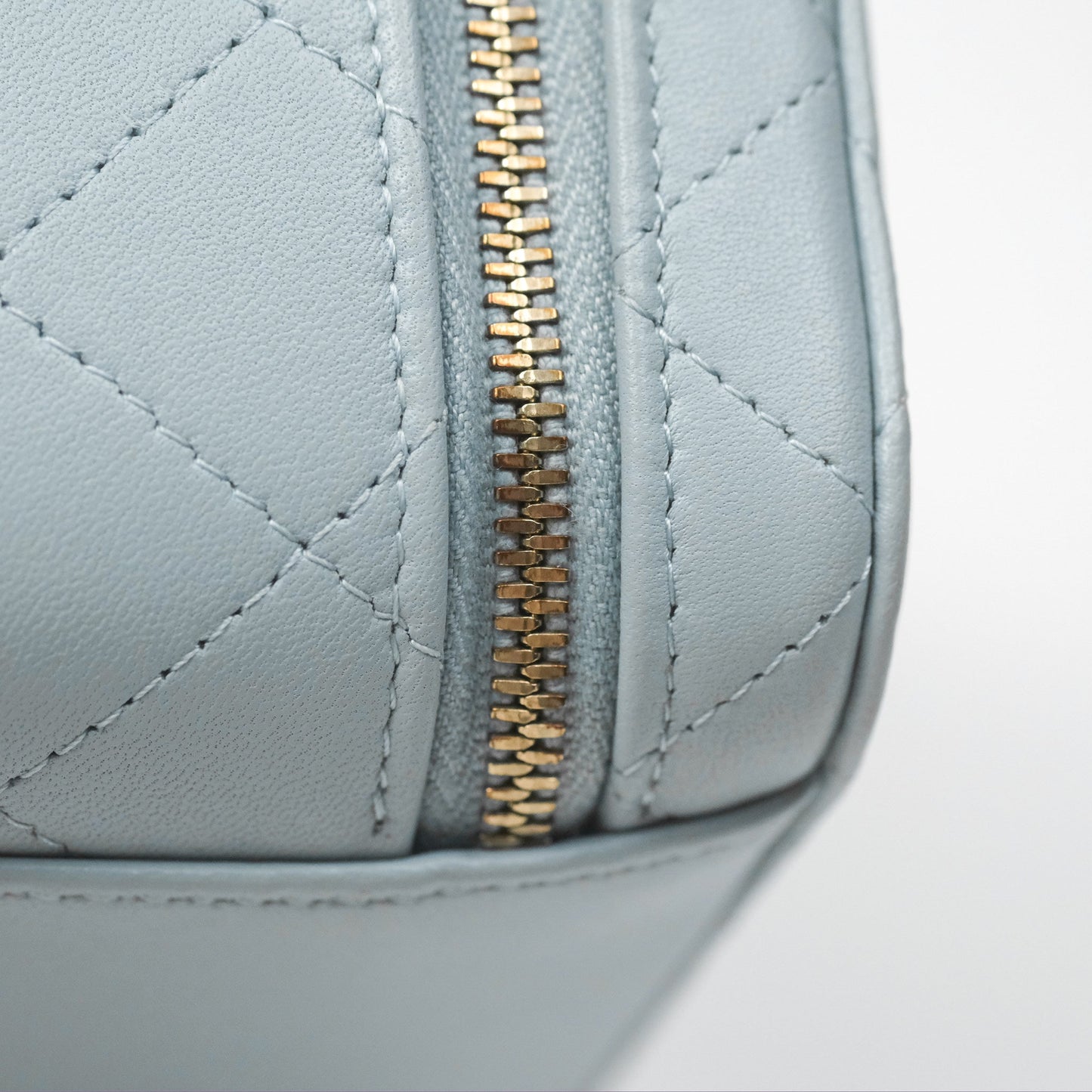 Chanel Mini Quilted Vanity Camera Case Light Blue Lambskin Gold Hardware