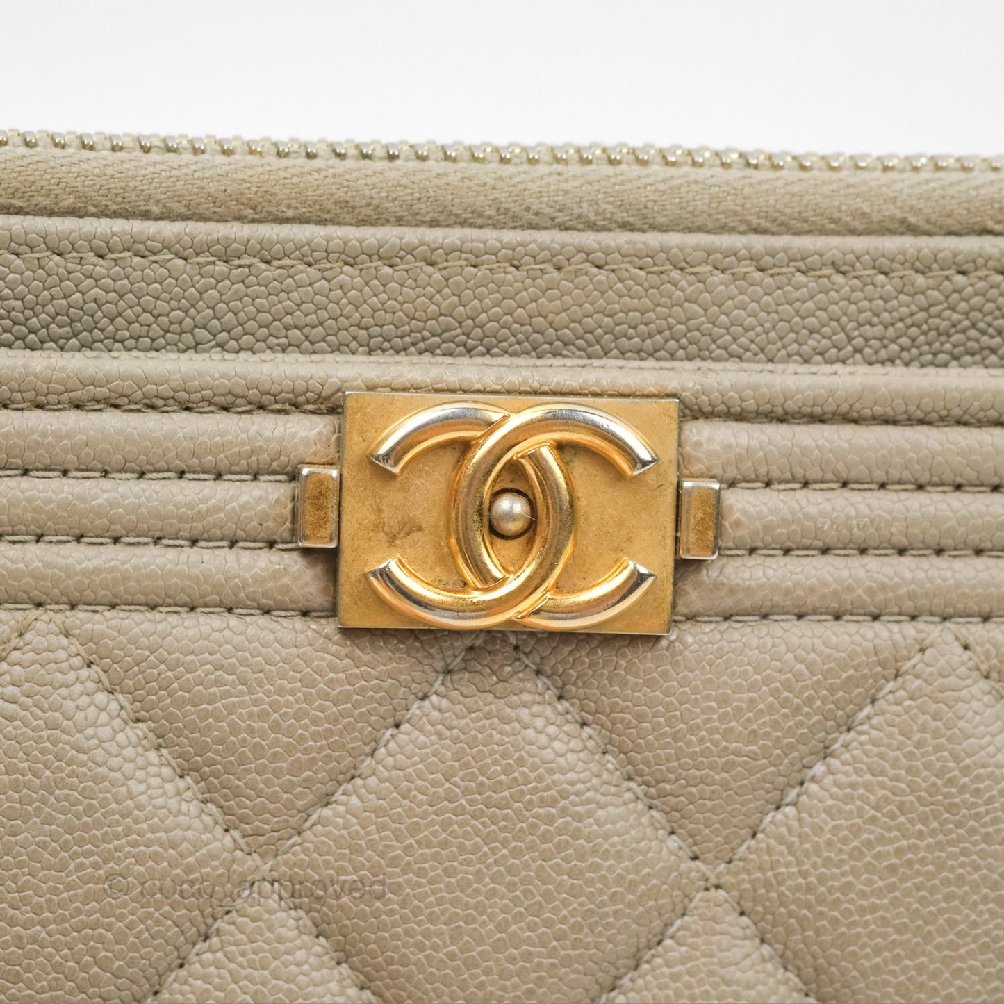 Chanel Boy Long Pouch Wallet Taupe Grey Caviar Aged Gold Hardware
