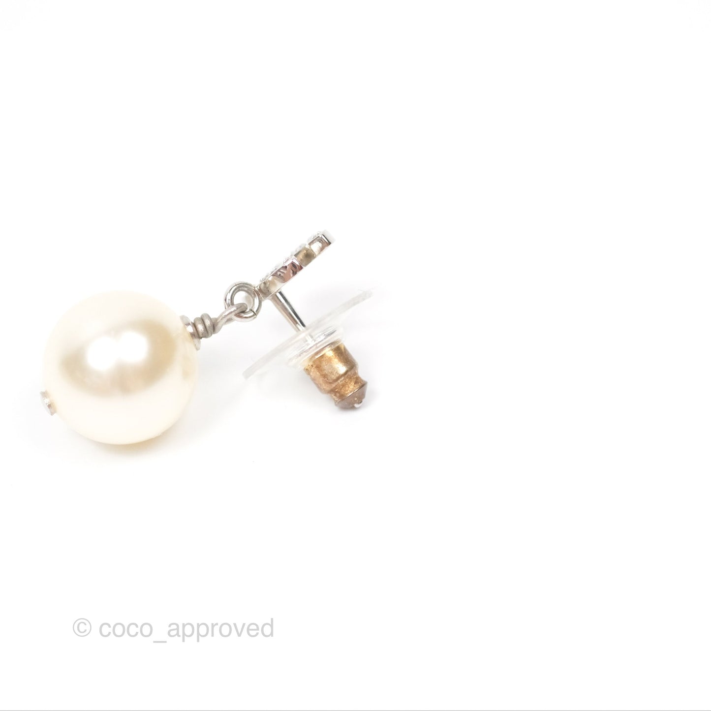 Chanel Crystal CC Pearl Drop Earrings Silver Tone 21V
