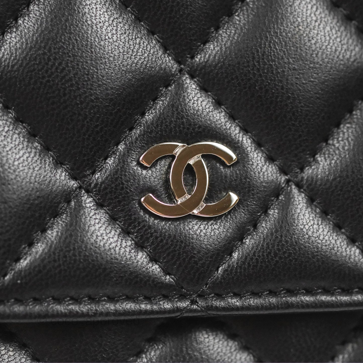 Chanel Classic Quilted Wallet On Chain WOC Black Lambskin Silver Hardware