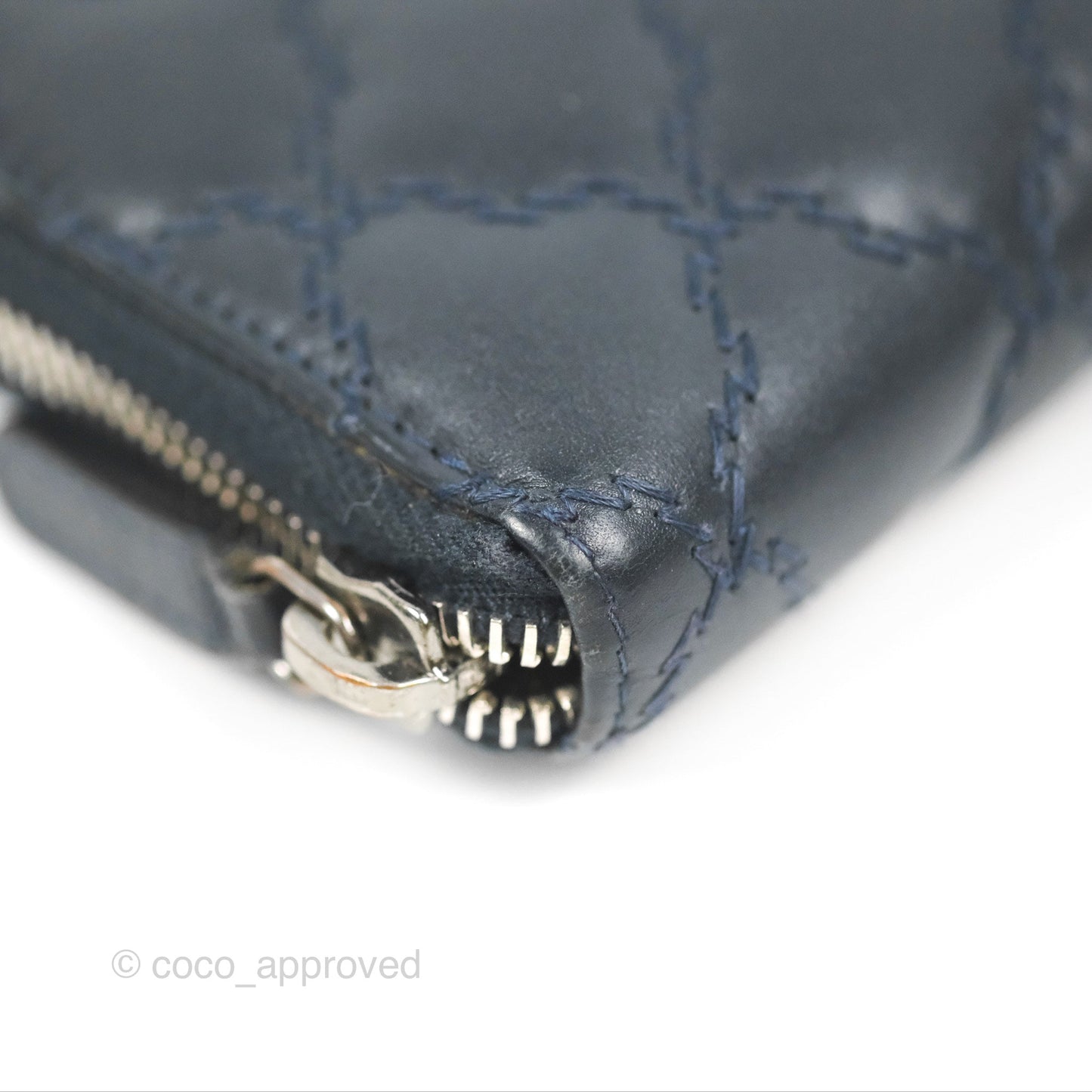 Chanel Quilted Zip Long Wallet Navy Lambskin Silver Hardware