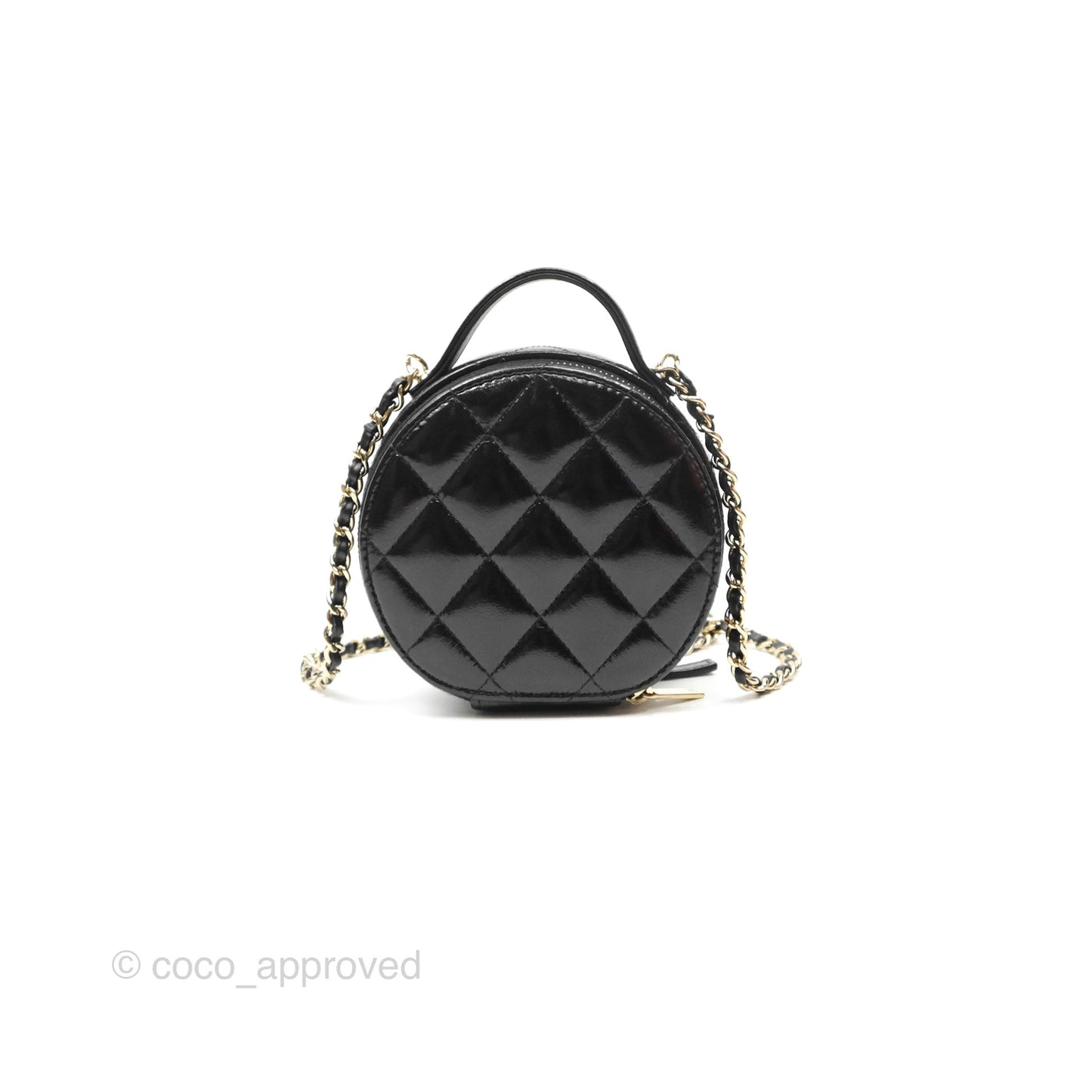 Chanel Mini Round Vanity Bag Handle With Care Black Glazed Lambskin 22C