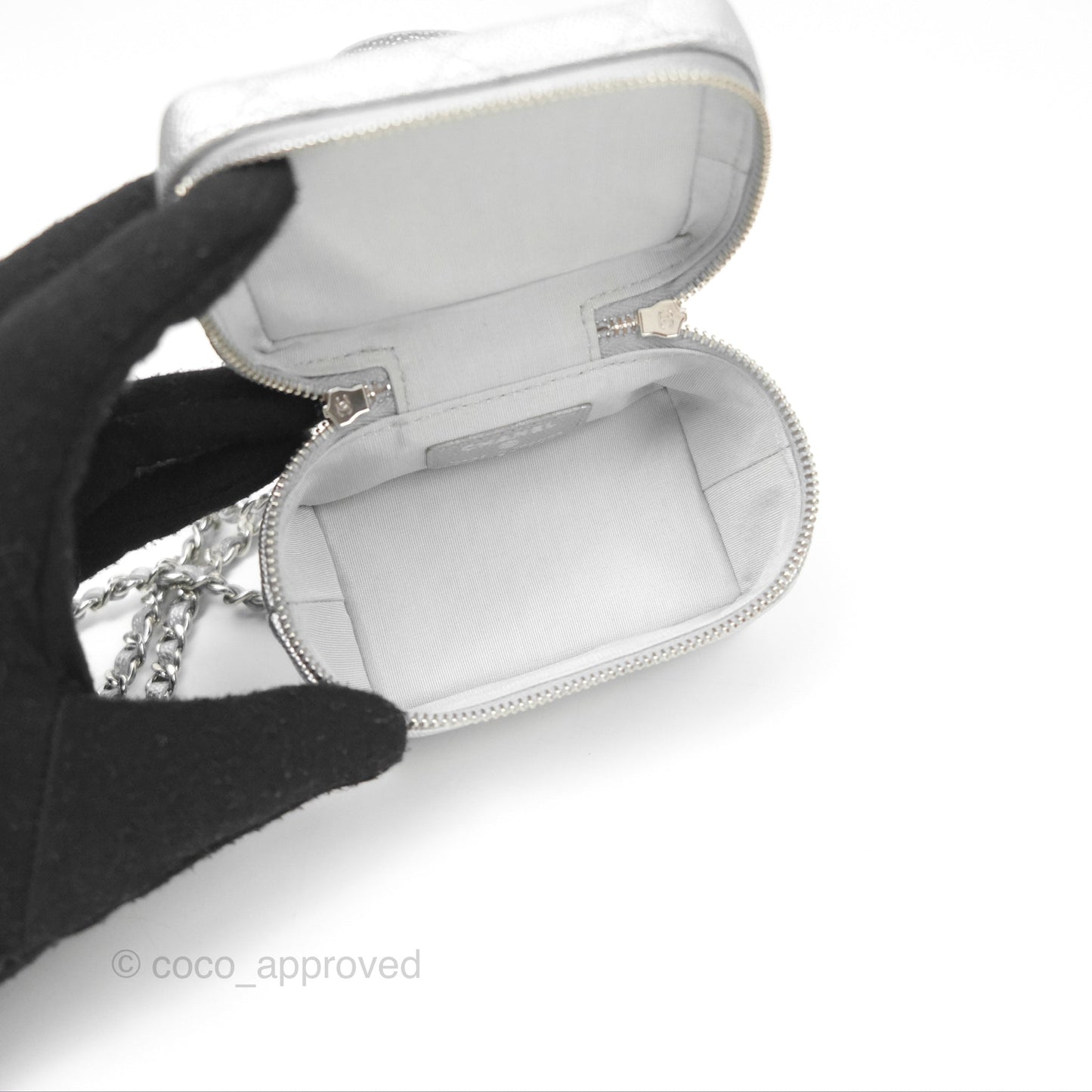 Chanel Quilted Mini Top Handle Vanity With Chain Metallic Silver Caviar Silver Hardware