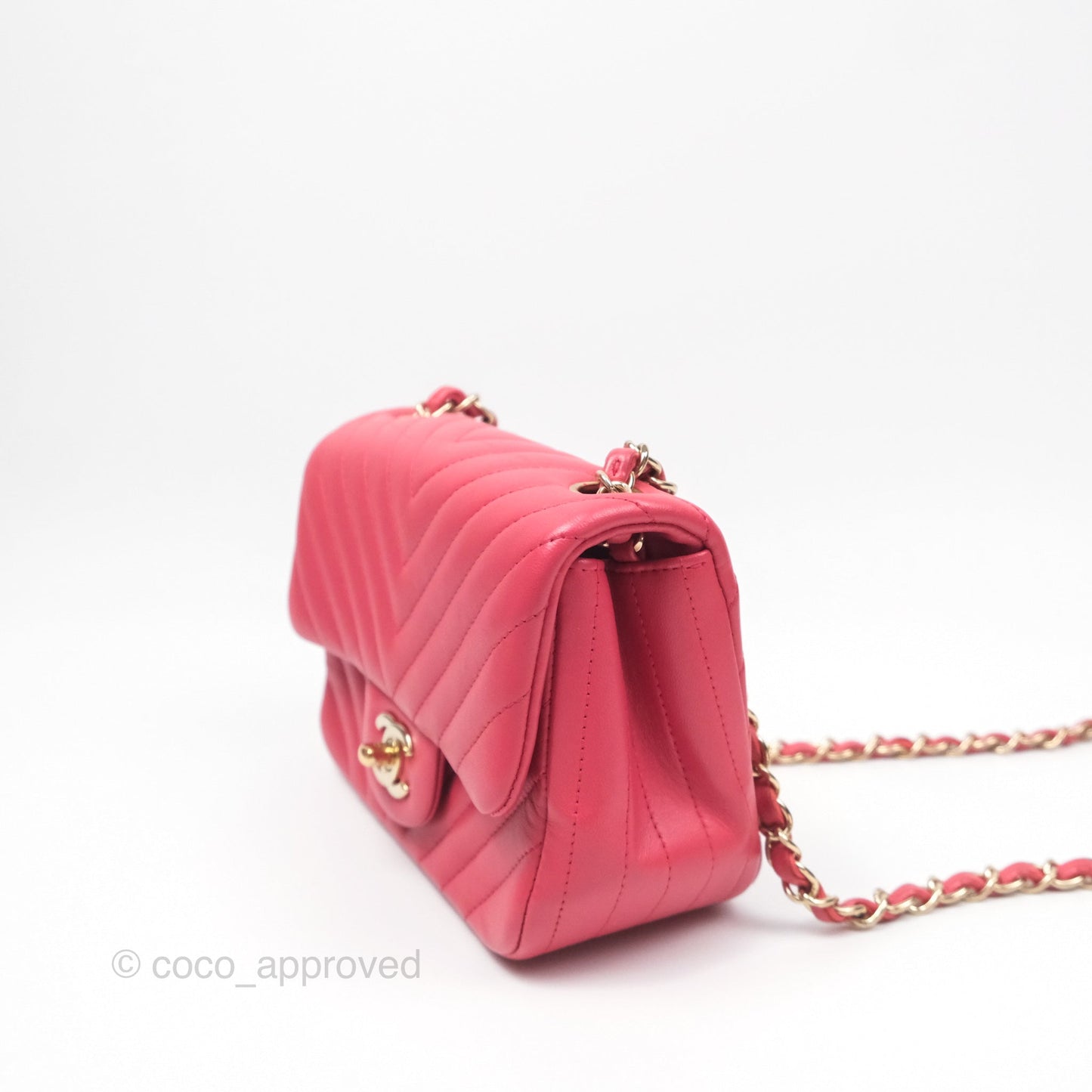 Chanel Mini Square Flap Chevron Dark Pink Lambskin Gold Hardware