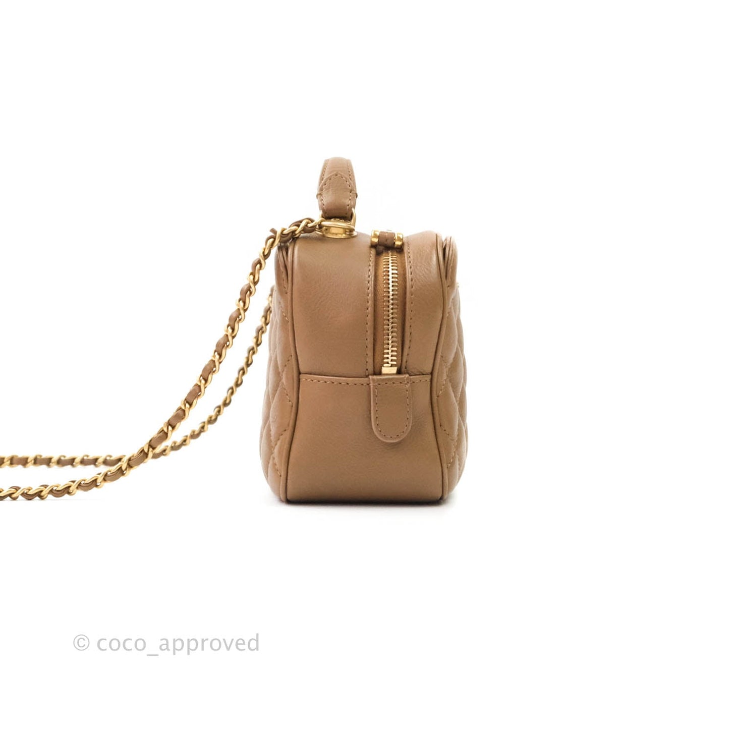 Chanel Small CC Quilted Vanity Case Brown Beige Calfskin Aged Gold Hardware