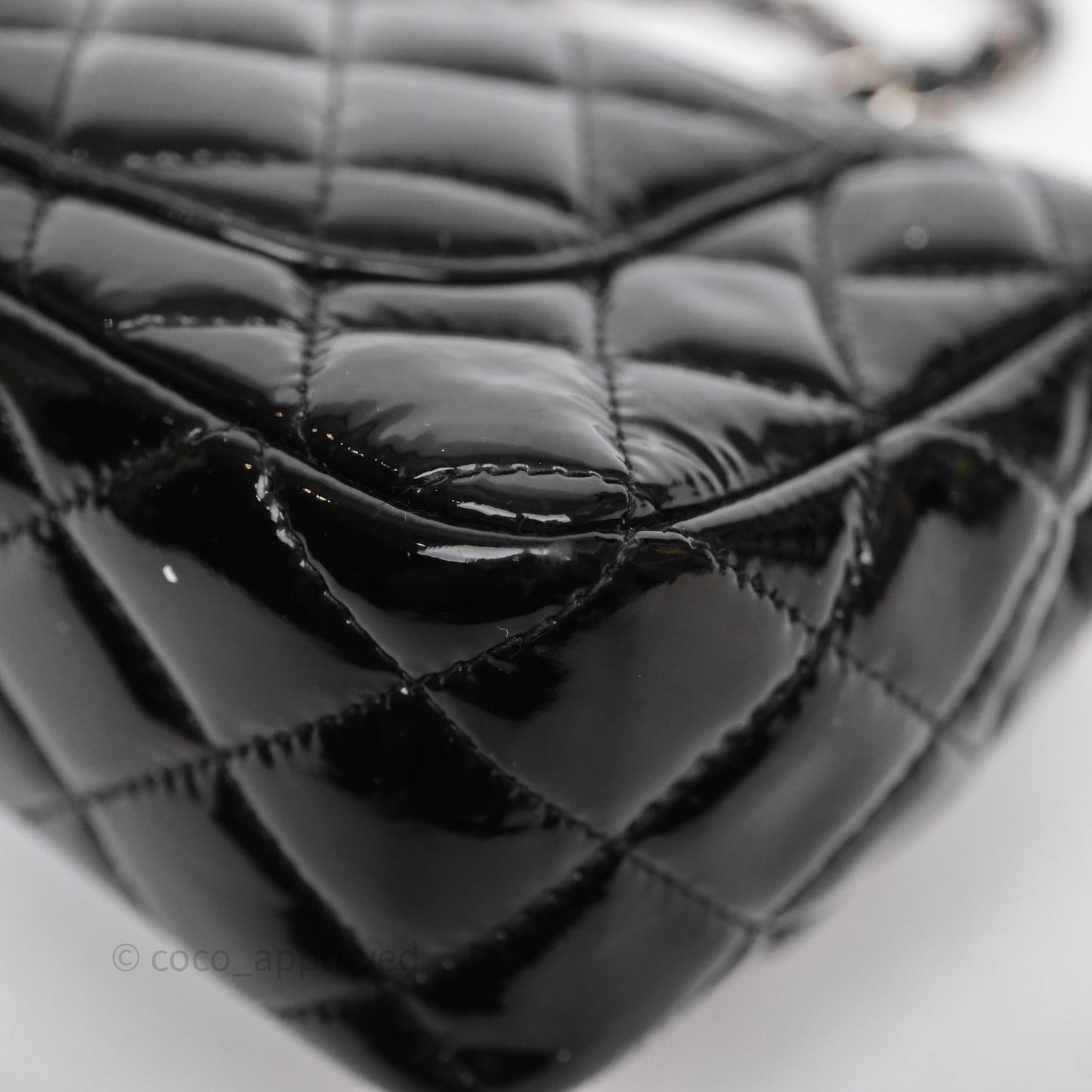 Chanel Quilted Mini Rectangular Flap Black Patent Silver Hardware