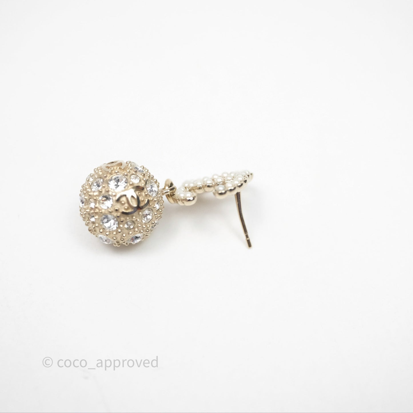 Chanel Crystal Pearl CC Drop Earrings Gold Tone Pearly White 21K