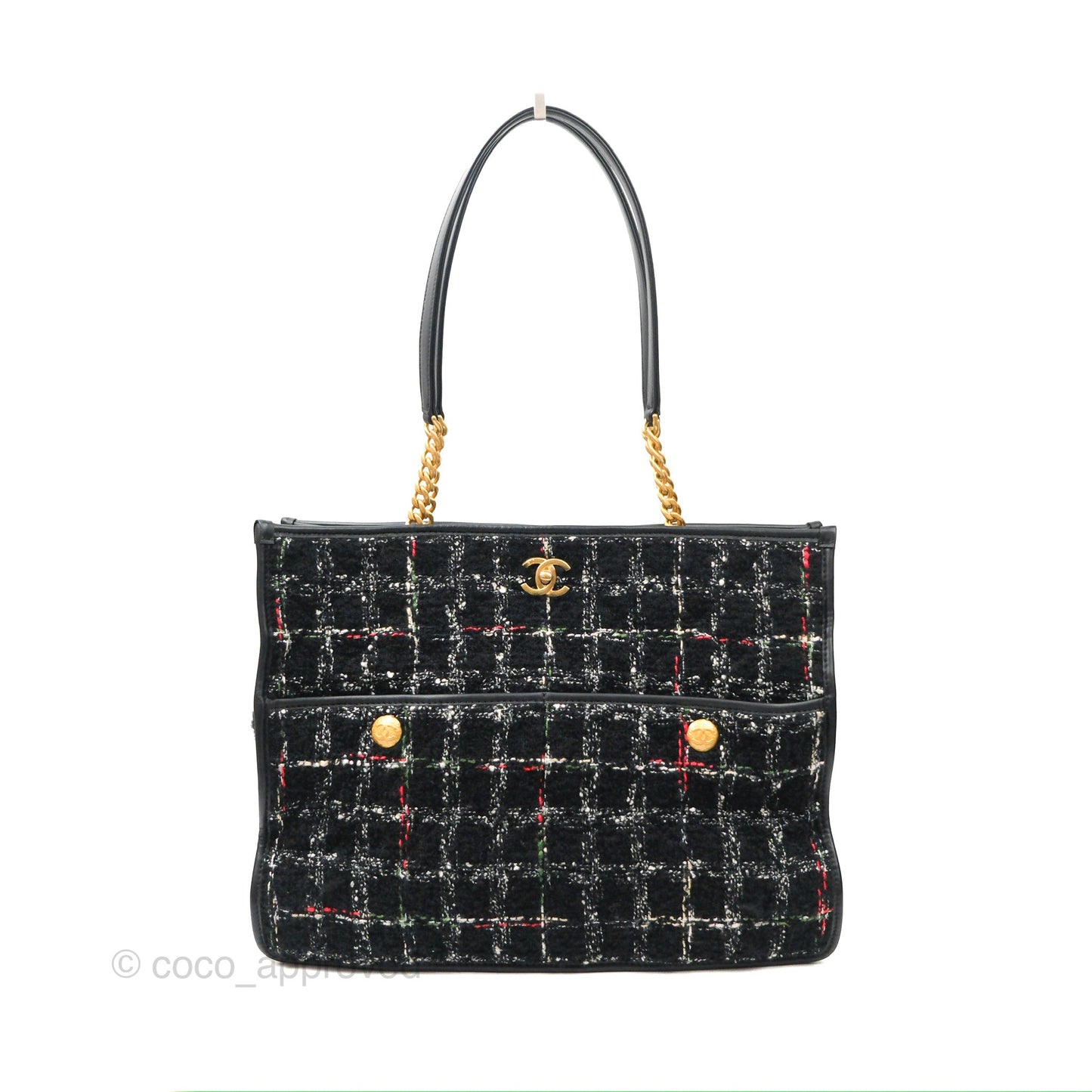 Chanel Tweed Tote Bag Leather Gold Hardware 22K