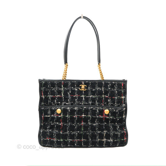 Chanel Tweed Tote Bag Leather Gold Hardware 22K