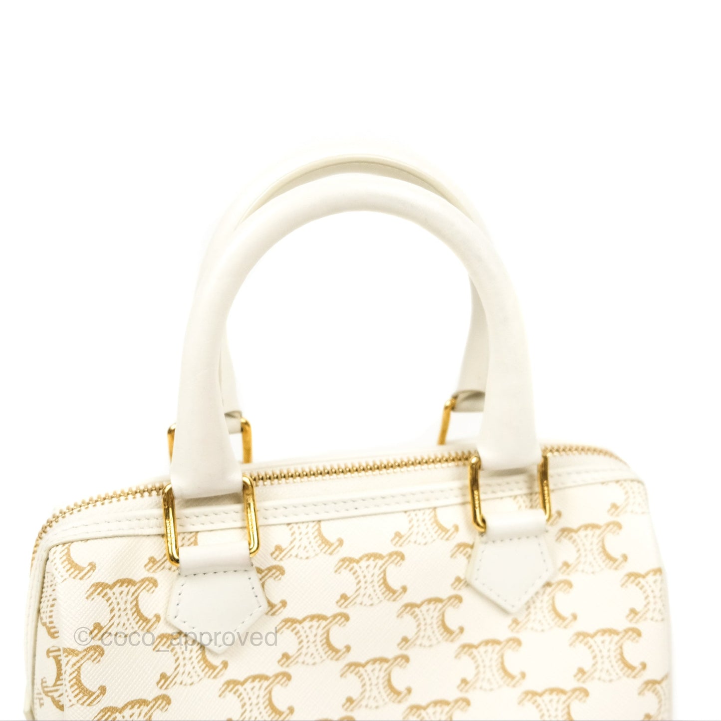 Celine Small Boston Bag White Triomphe Canvas Calfskin