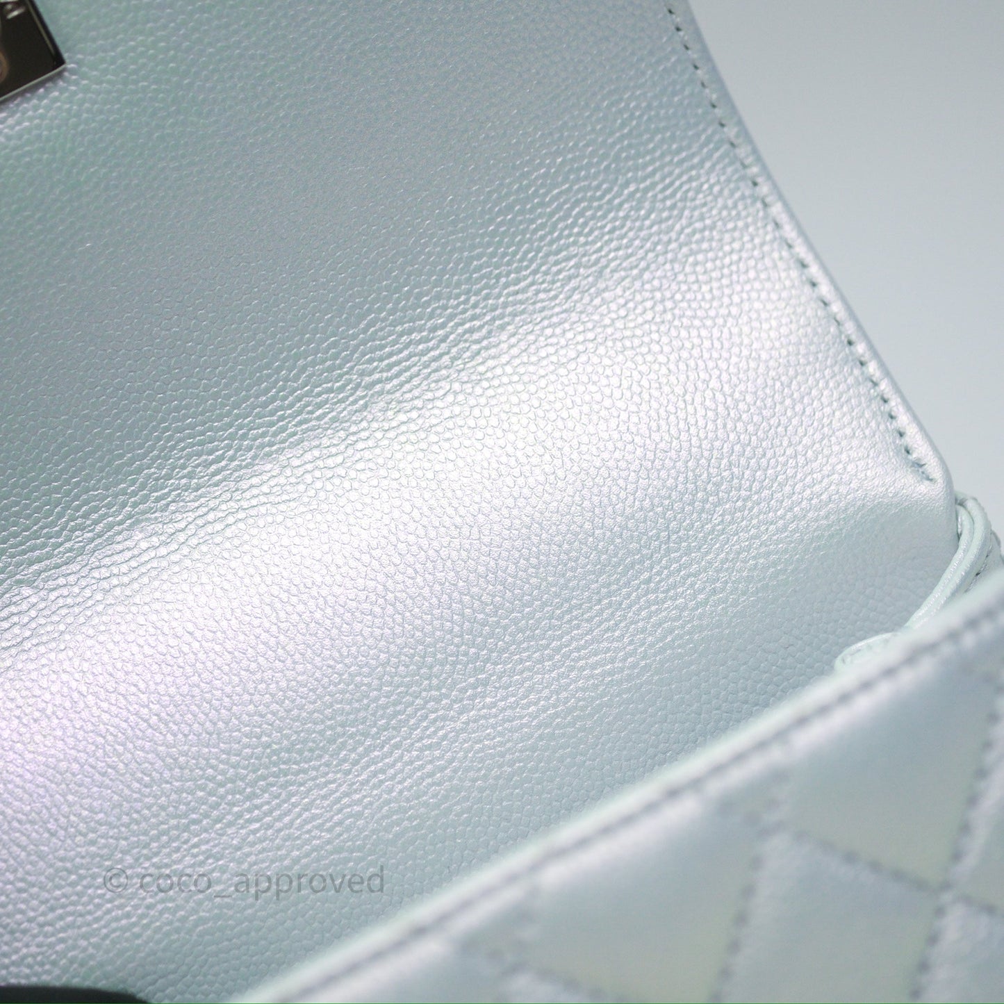 Chanel Mini Coco Handle Quilted Iridescent Light Blue Caviar Rainbow Hardware