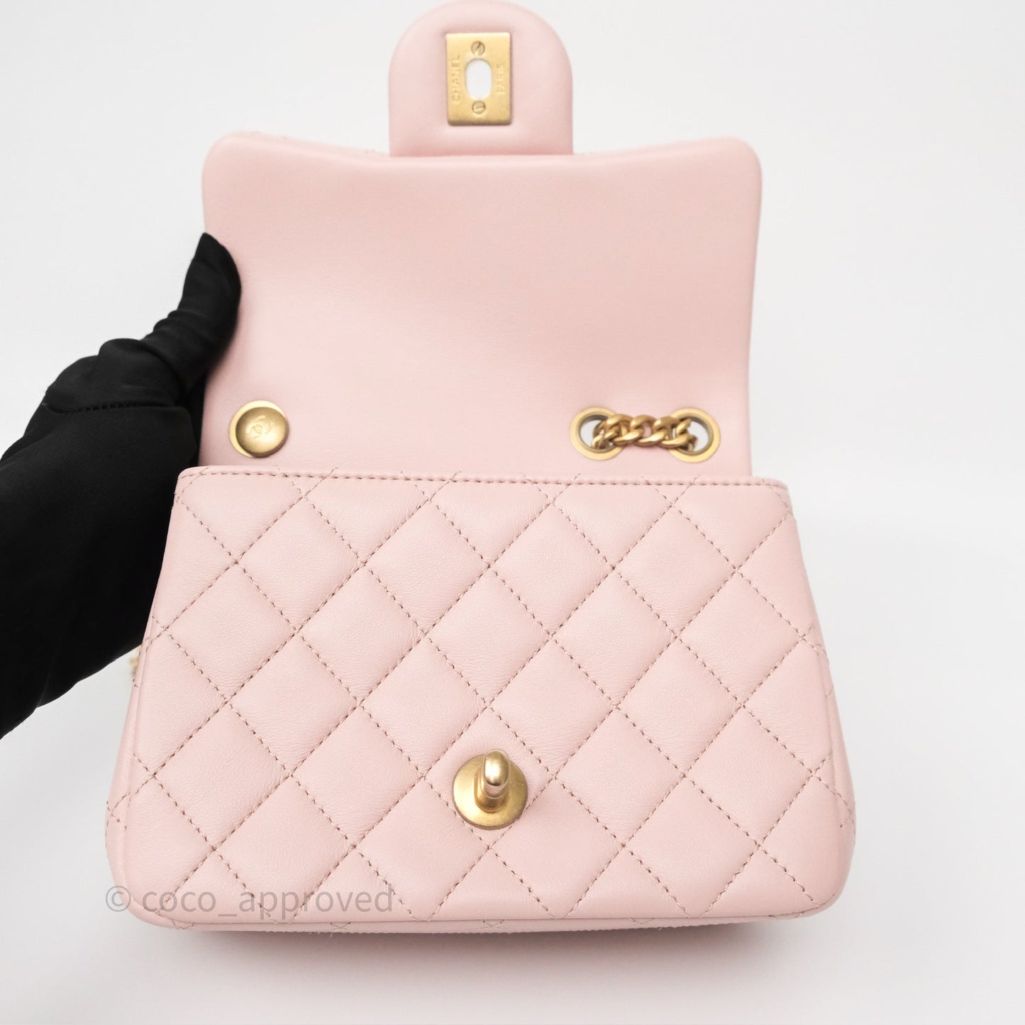 Chanel Quilted Mini Square Flap with Camellia Adjustable Chain Pink Clair Lambskin