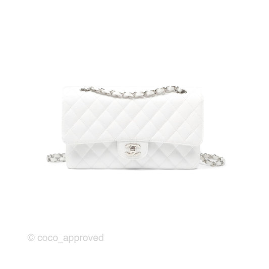 Chanel Classic M/L Medium Flap Quilted White Caviar Silver Hardware