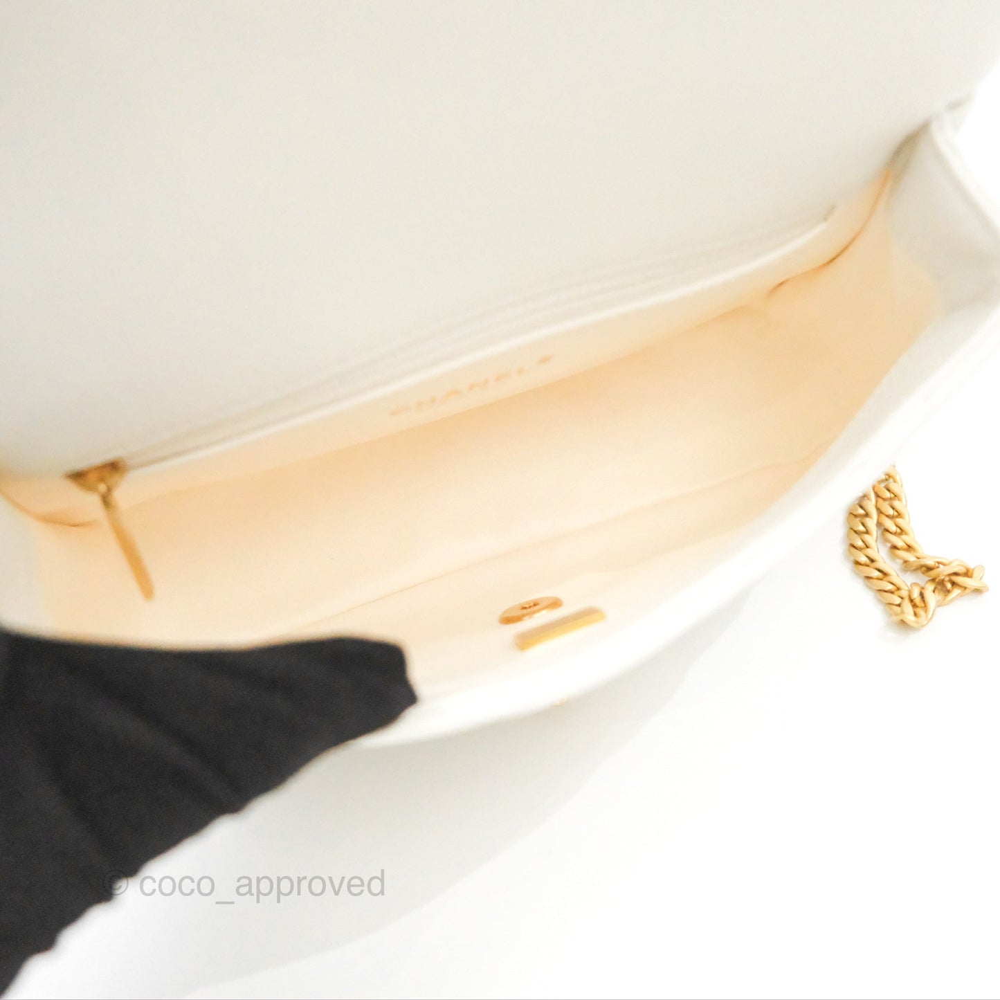 Chanel Large Flap Bag Heart Adjustable Chain White Caviar Aged Gold Hardware