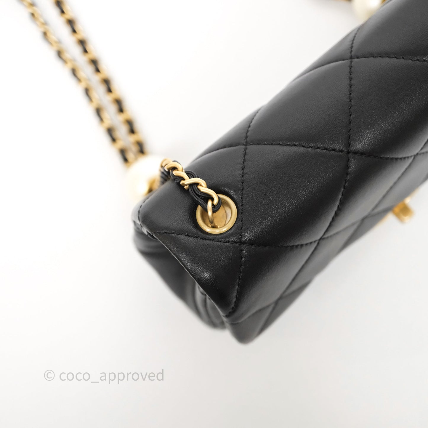 Chanel Quilted Flap Bag with Pearl Chain Black Calfskin Aged Gold Hardware